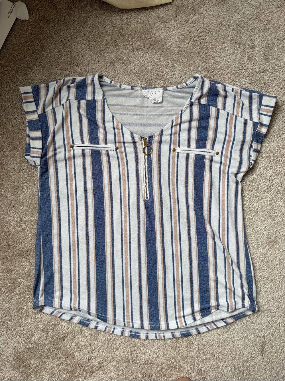 Striped Zip-Front Short Sleeve Blouse in Navy, White & Tan